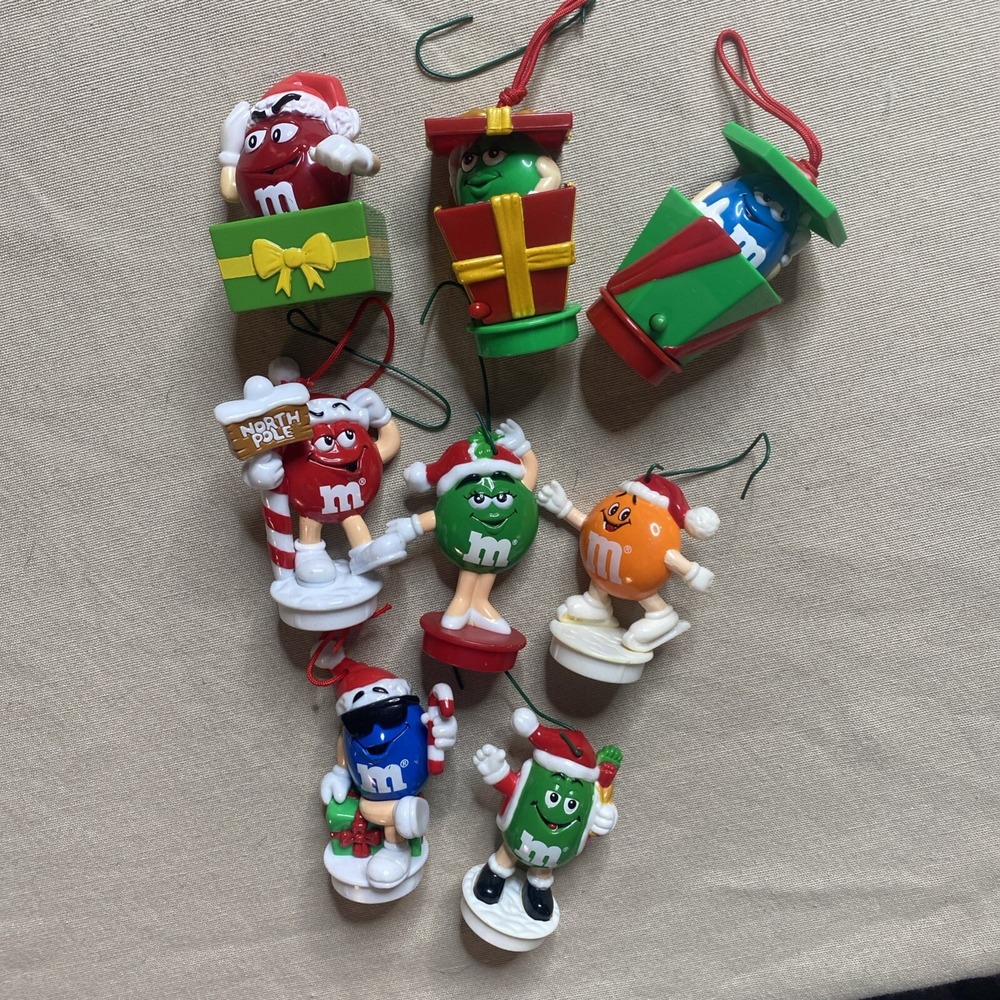 8 Vintage M&Ms Christmas Ornaments Orange Green Blue & Red Candy Tube Toppers